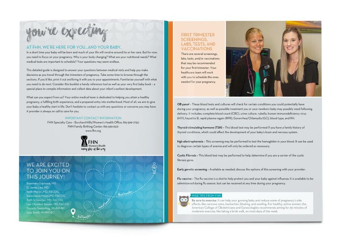 Healthcare pregnancy booklet inside spread graphic design and photography for FHN, Freeport, Illinois